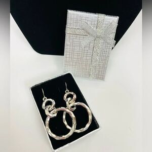 Silver Tone Hammered Dangle Hoop Earrings Pierced